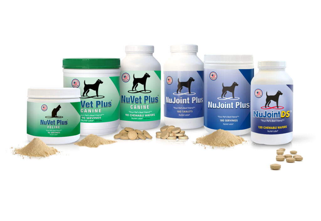 NuVet Labs pet supplements including NuVet Plus for cats and dogs in powder and wafer form, NuJoint Plus in powder and wafers, and NuJoint Double Strength in wafers.